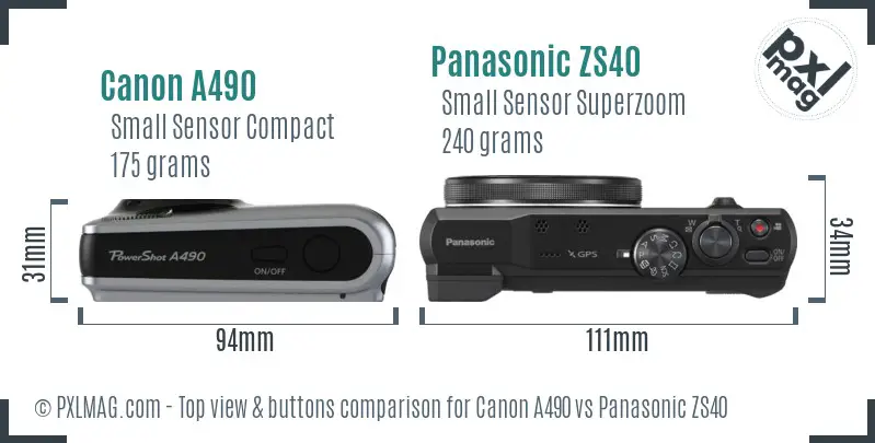 Canon A490 vs Panasonic ZS40 top view buttons comparison