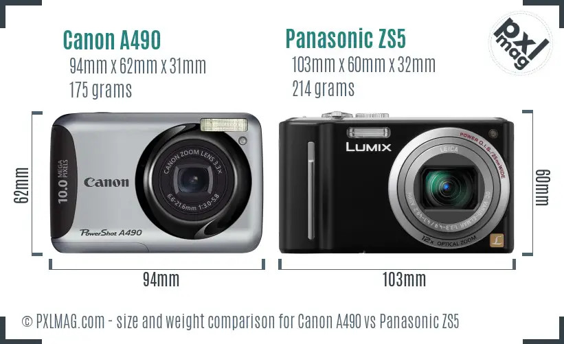 Canon A490 vs Panasonic ZS5 size comparison