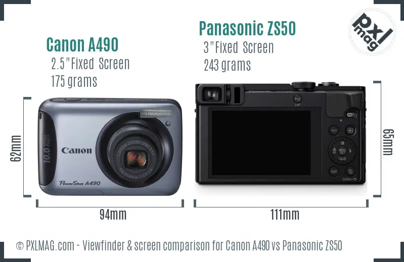 Canon A490 vs Panasonic ZS50 Screen and Viewfinder comparison