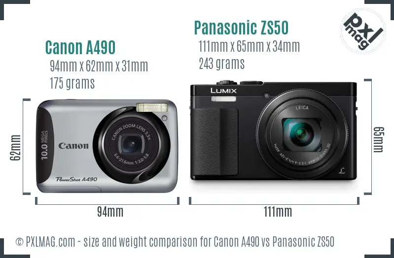 Canon A490 vs Panasonic ZS50 size comparison