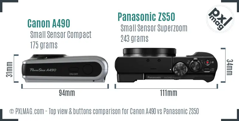 Canon A490 vs Panasonic ZS50 top view buttons comparison