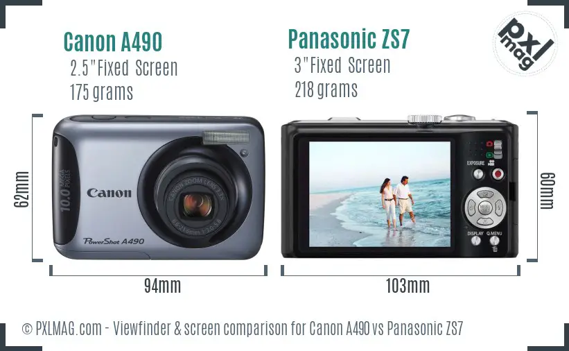 Canon A490 vs Panasonic ZS7 Screen and Viewfinder comparison