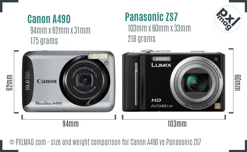 Canon A490 vs Panasonic ZS7 size comparison