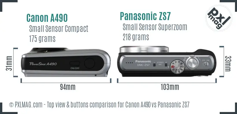 Canon A490 vs Panasonic ZS7 top view buttons comparison