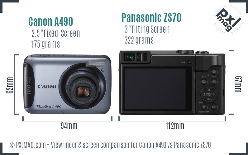 Canon A490 vs Panasonic ZS70 Screen and Viewfinder comparison