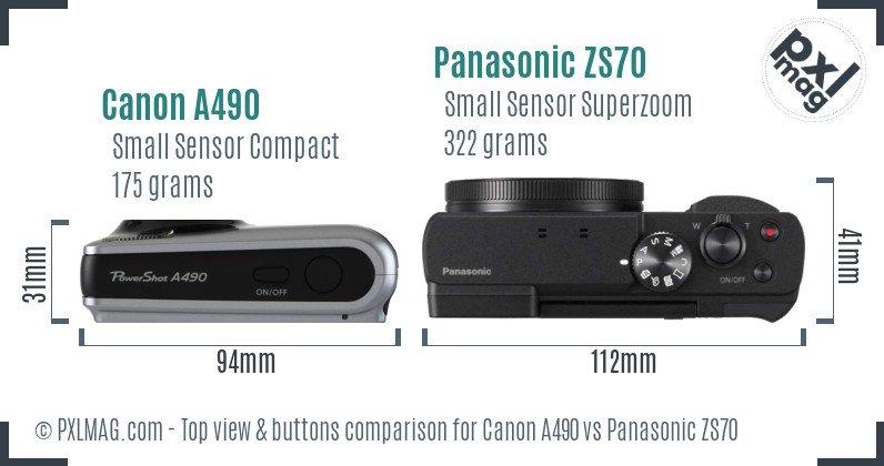 Canon A490 vs Panasonic ZS70 top view buttons comparison