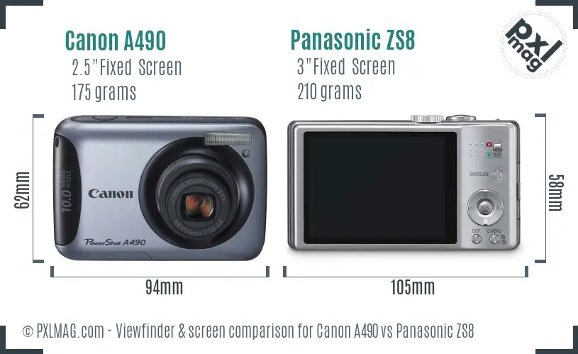 Canon A490 vs Panasonic ZS8 Screen and Viewfinder comparison