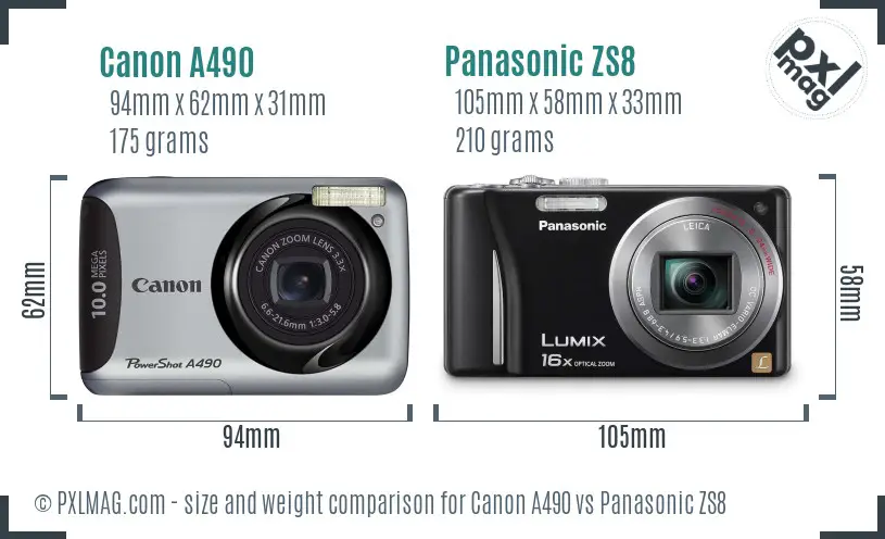 Canon A490 vs Panasonic ZS8 size comparison