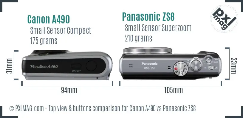 Canon A490 vs Panasonic ZS8 top view buttons comparison