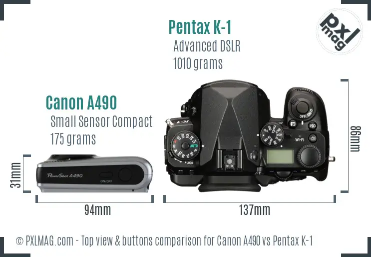 Canon A490 vs Pentax K-1 top view buttons comparison
