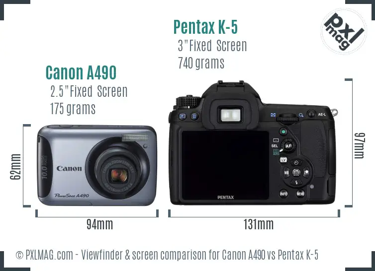 Canon A490 vs Pentax K-5 Screen and Viewfinder comparison