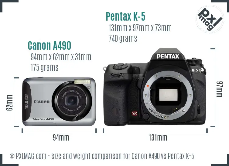 Canon A490 vs Pentax K-5 size comparison