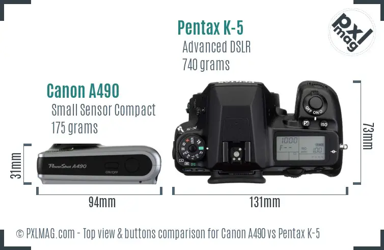 Canon A490 vs Pentax K-5 top view buttons comparison