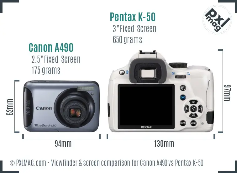 Canon A490 vs Pentax K-50 Screen and Viewfinder comparison