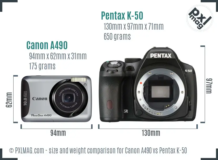 Canon A490 vs Pentax K-50 size comparison