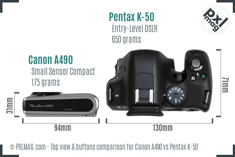 Canon A490 vs Pentax K-50 top view buttons comparison