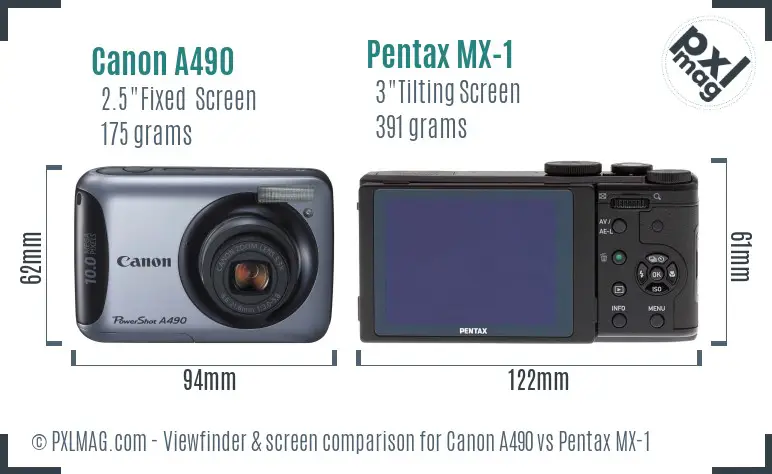 Canon A490 vs Pentax MX-1 Screen and Viewfinder comparison