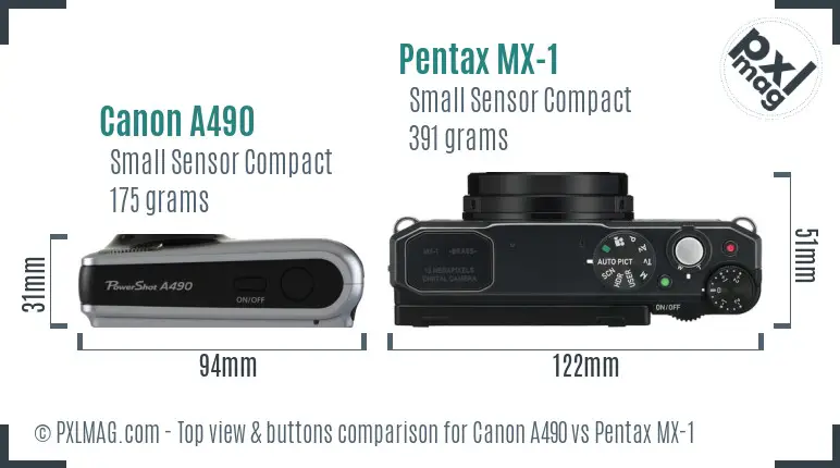 Canon A490 vs Pentax MX-1 top view buttons comparison