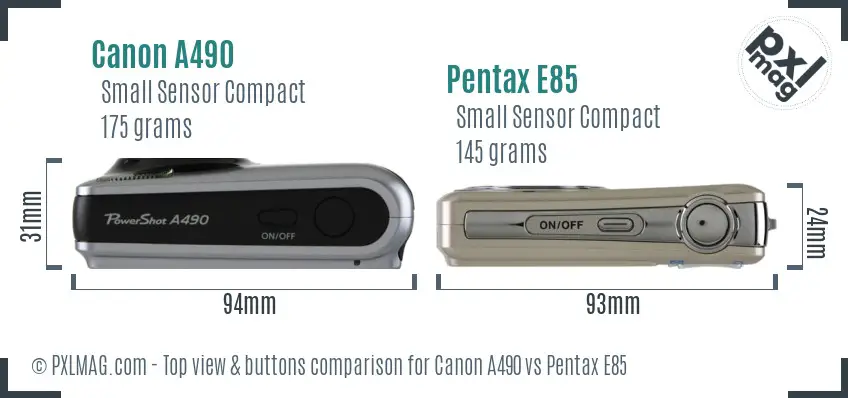 Canon A490 vs Pentax E85 top view buttons comparison Canon A490 vs Pentax E85 top view buttons comparison