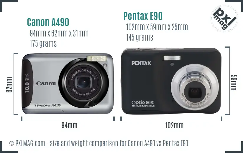 Canon A490 vs Pentax E90 size comparison