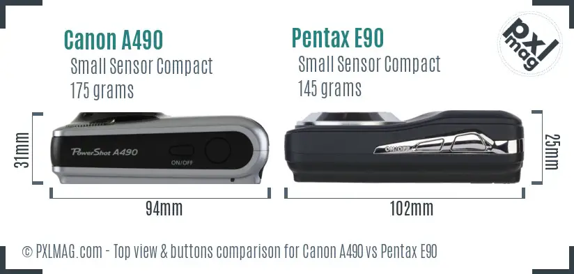 Canon A490 vs Pentax E90 top view buttons comparison