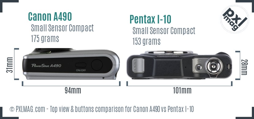 Canon A490 vs Pentax I-10 top view buttons comparison