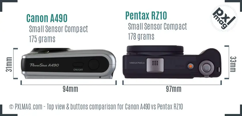 Canon A490 vs Pentax RZ10 top view buttons comparison
