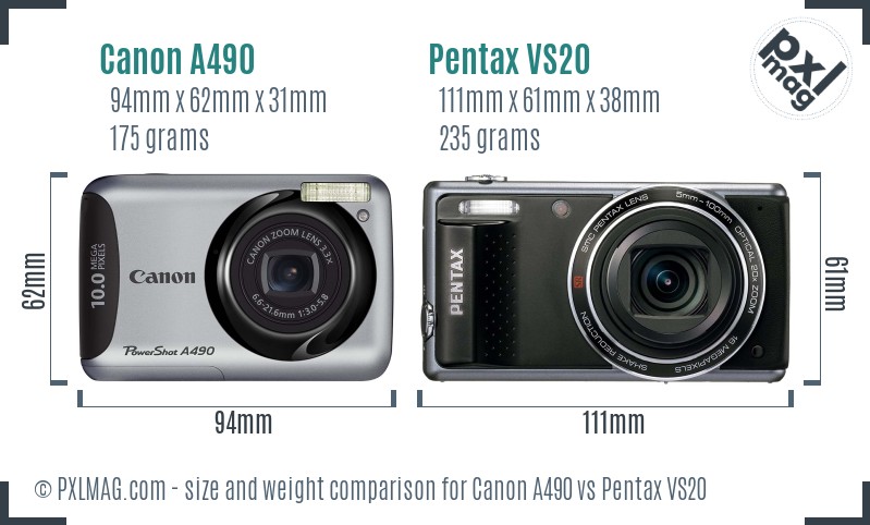 Canon A490 vs Pentax VS20 size comparison