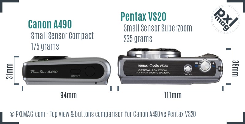 Canon A490 vs Pentax VS20 top view buttons comparison
