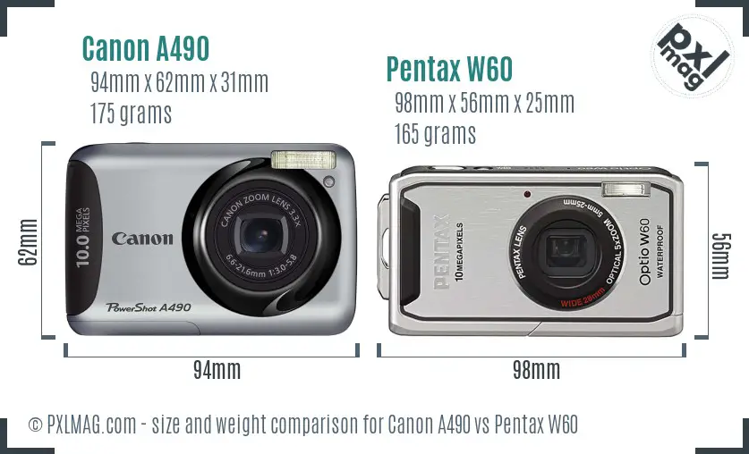 Canon A490 vs Pentax W60 size comparison