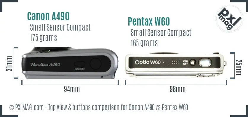 Canon A490 vs Pentax W60 top view buttons comparison