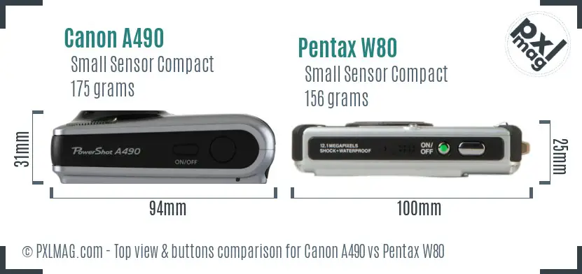 Canon A490 vs Pentax W80 top view buttons comparison Canon A490 vs Pentax W80 top view buttons comparison