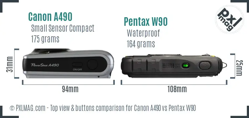 Canon A490 vs Pentax W90 top view buttons comparison Canon A490 vs Pentax W90 top view buttons comparison