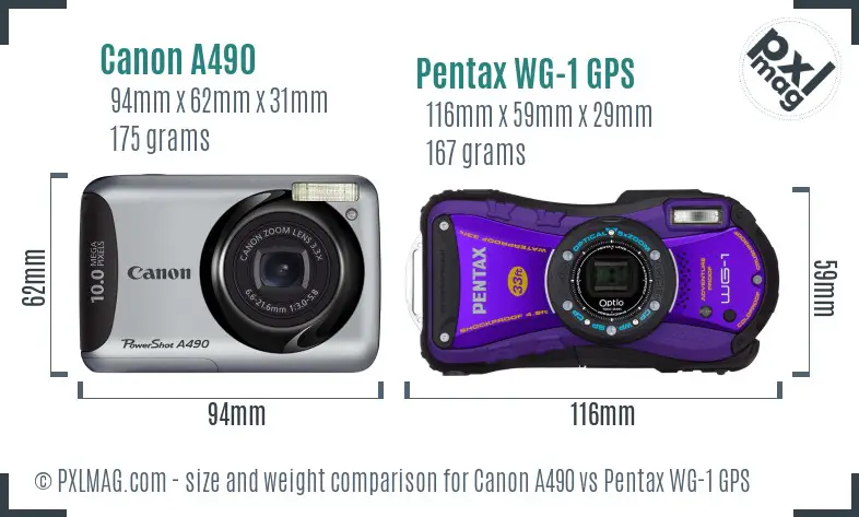 Canon A490 vs Pentax WG-1 GPS size comparison