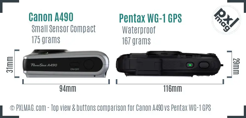 Canon A490 vs Pentax WG-1 GPS top view buttons comparison
