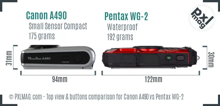 Canon A490 vs Pentax WG-2 top view buttons comparison