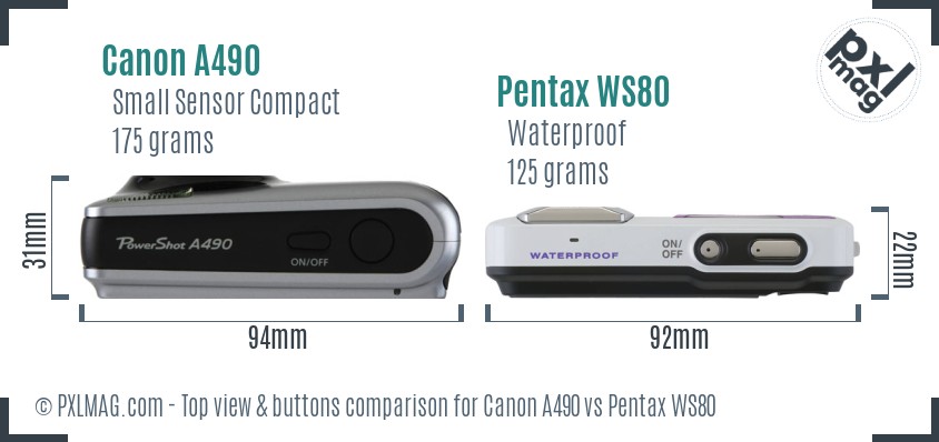 Canon A490 vs Pentax WS80 top view buttons comparison