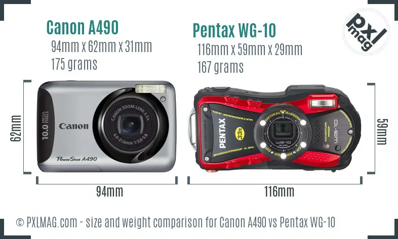 Canon A490 vs Pentax WG-10 size comparison