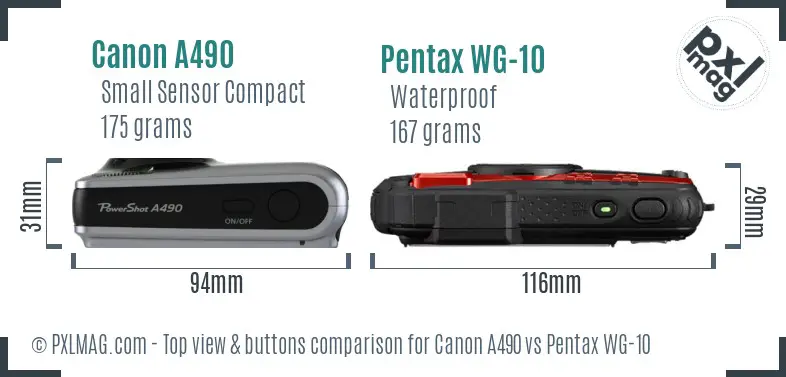 Canon A490 vs Pentax WG-10 top view buttons comparison