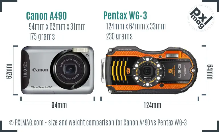 Canon A490 vs Pentax WG-3 size comparison