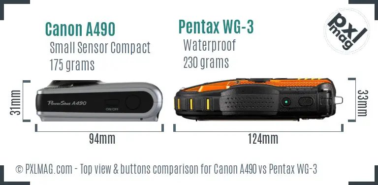 Canon A490 vs Pentax WG-3 top view buttons comparison