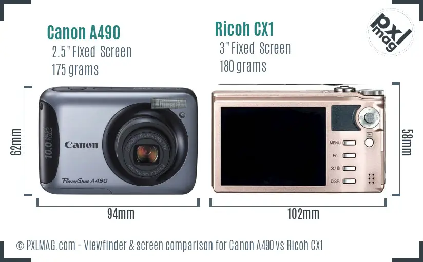Canon A490 vs Ricoh CX1 Screen and Viewfinder comparison