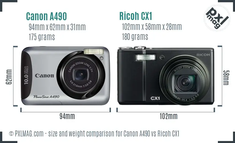 Canon A490 vs Ricoh CX1 size comparison