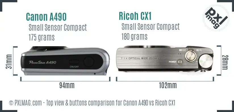 Canon A490 vs Ricoh CX1 top view buttons comparison