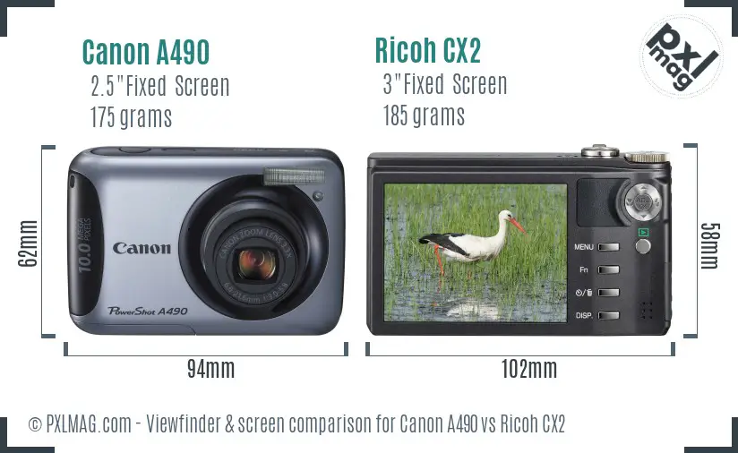 Canon A490 vs Ricoh CX2 Screen and Viewfinder comparison