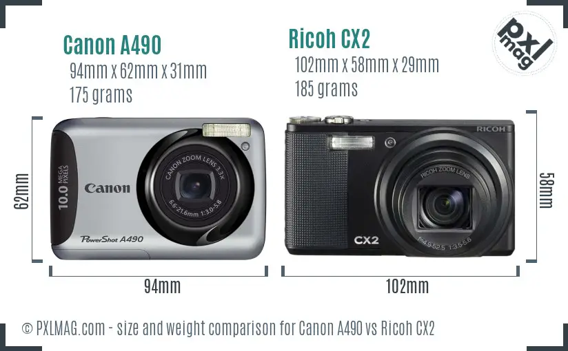 Canon A490 vs Ricoh CX2 size comparison