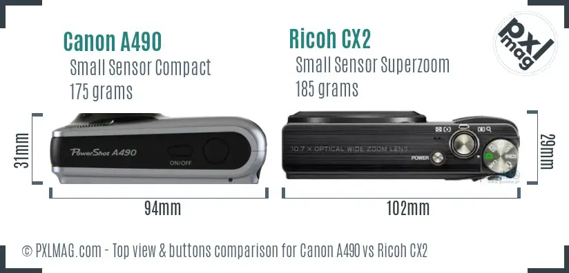 Canon A490 vs Ricoh CX2 top view buttons comparison