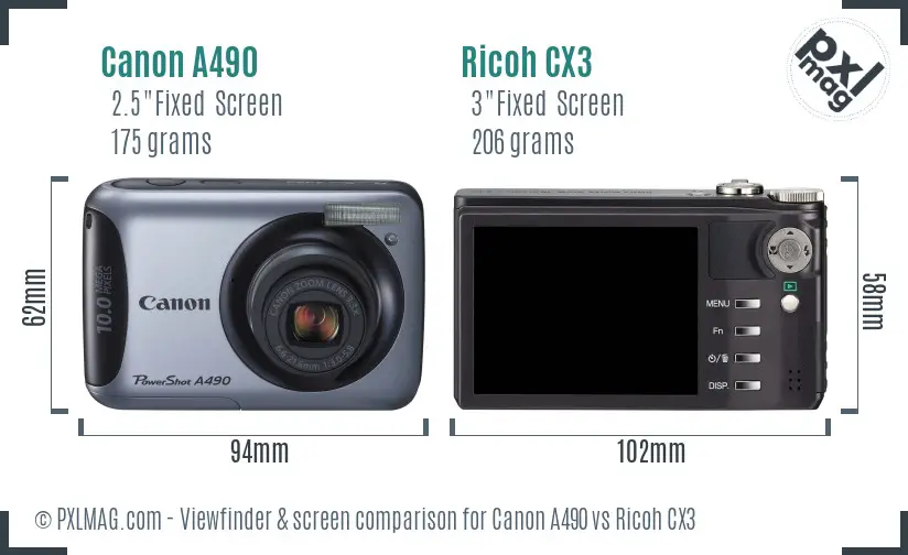 Canon A490 vs Ricoh CX3 Screen and Viewfinder comparison