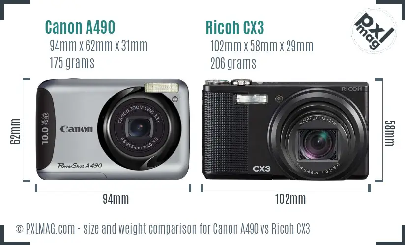 Canon A490 vs Ricoh CX3 size comparison