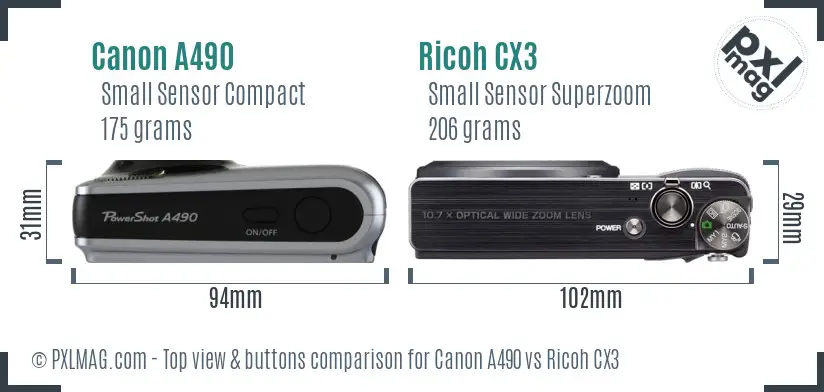 Canon A490 vs Ricoh CX3 top view buttons comparison